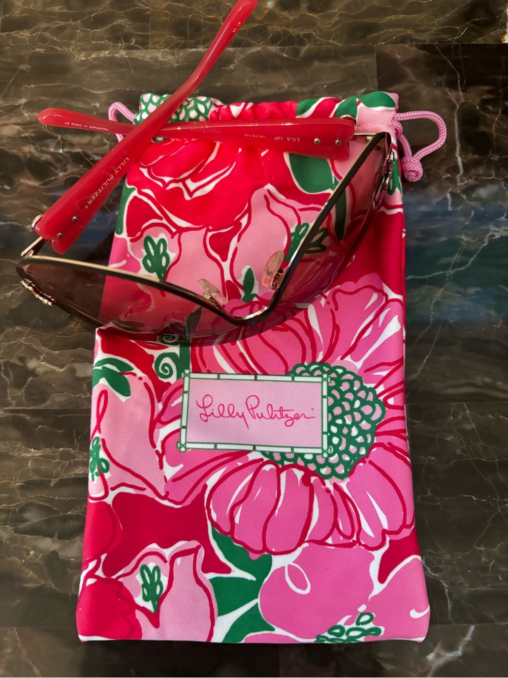 Lilly Pulitzer Pink Floral Drawstring Sunglass Pouch with Green Accents
